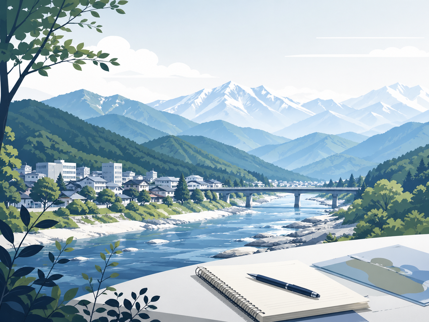 みなかみ町の山と川を背景にしたノートのイラスト