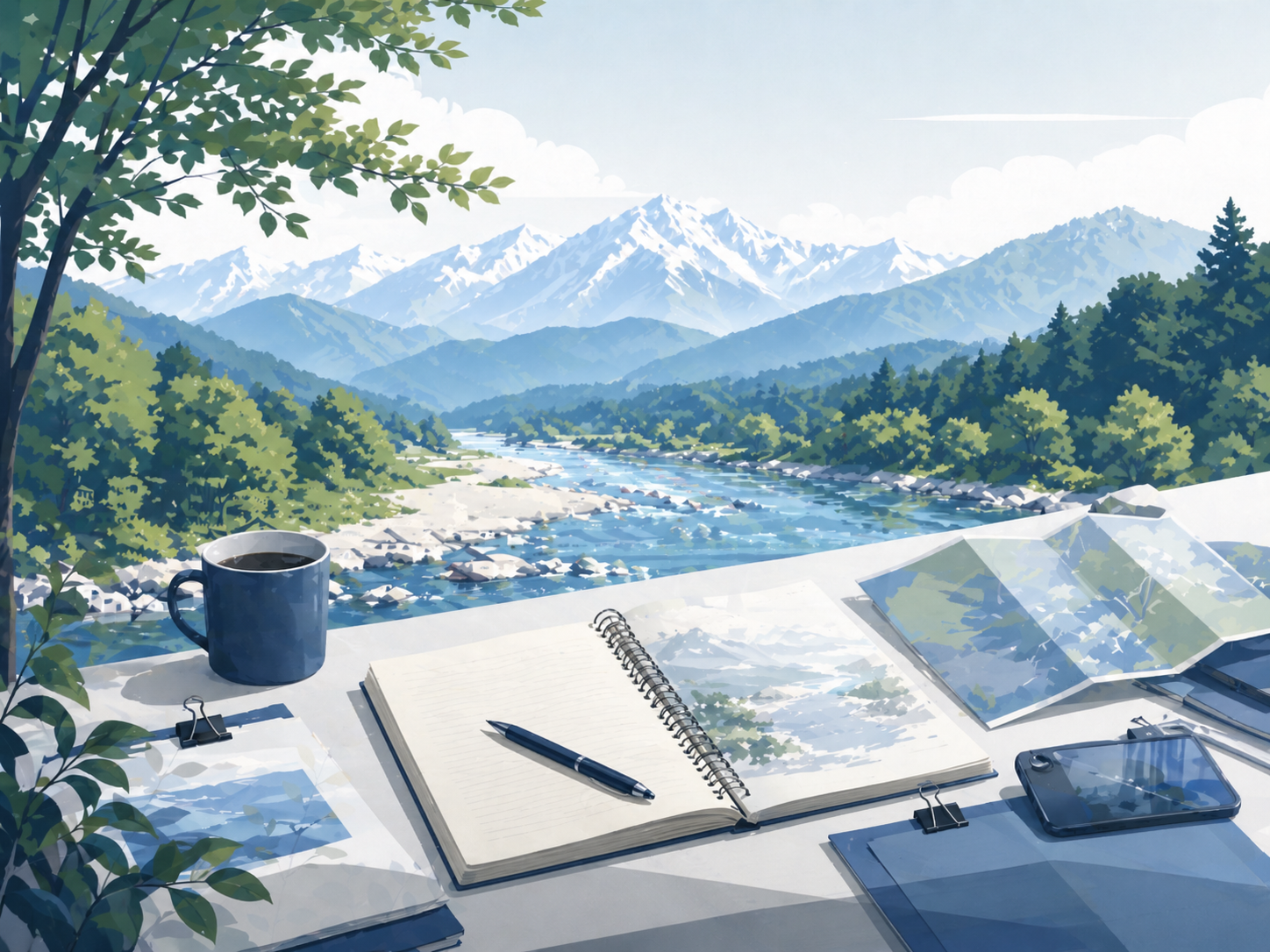 地域の風景を見ながら記録するノートのイラスト