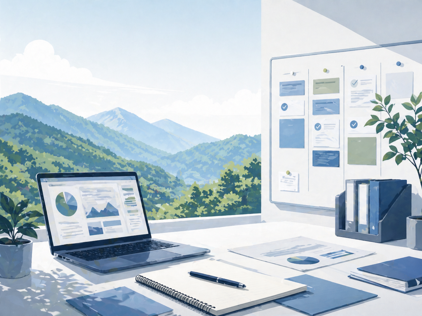 経営管理とプロジェクト推進を表すワークスペースのイラスト