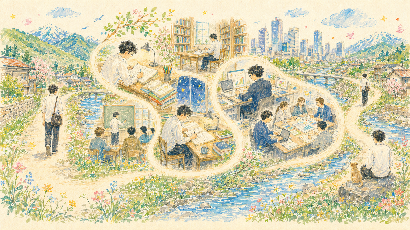 月夜野から学び直し、実務を経て地域への恩返しへ向かう歩みを表したイラスト