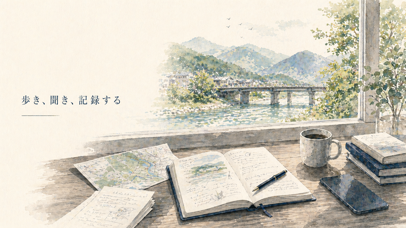 資料やノートを読みながら地域を記録するイラスト