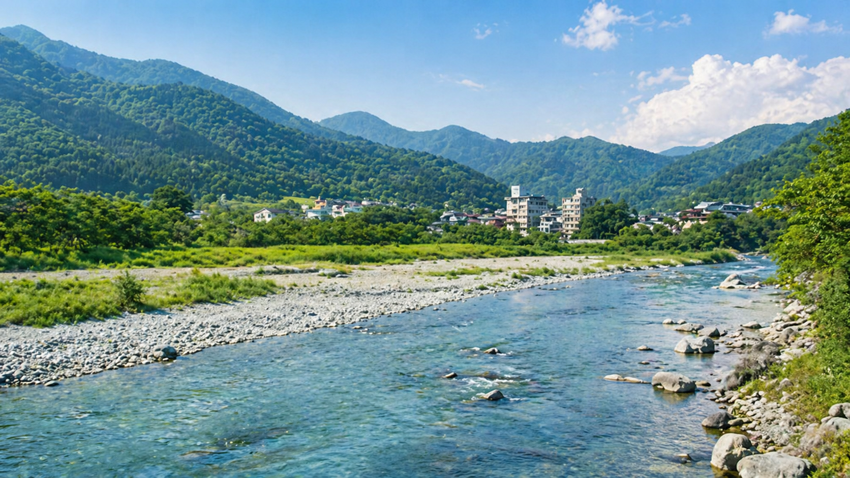みなかみ町を想起させる川と山の風景